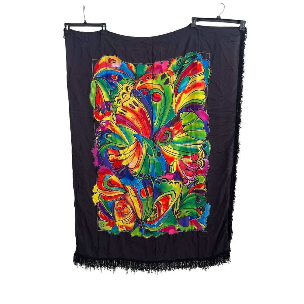 Cazimi Colorful‎ Butterfly Print Sarong Wrap Beach Coverup Black Fringe Edges